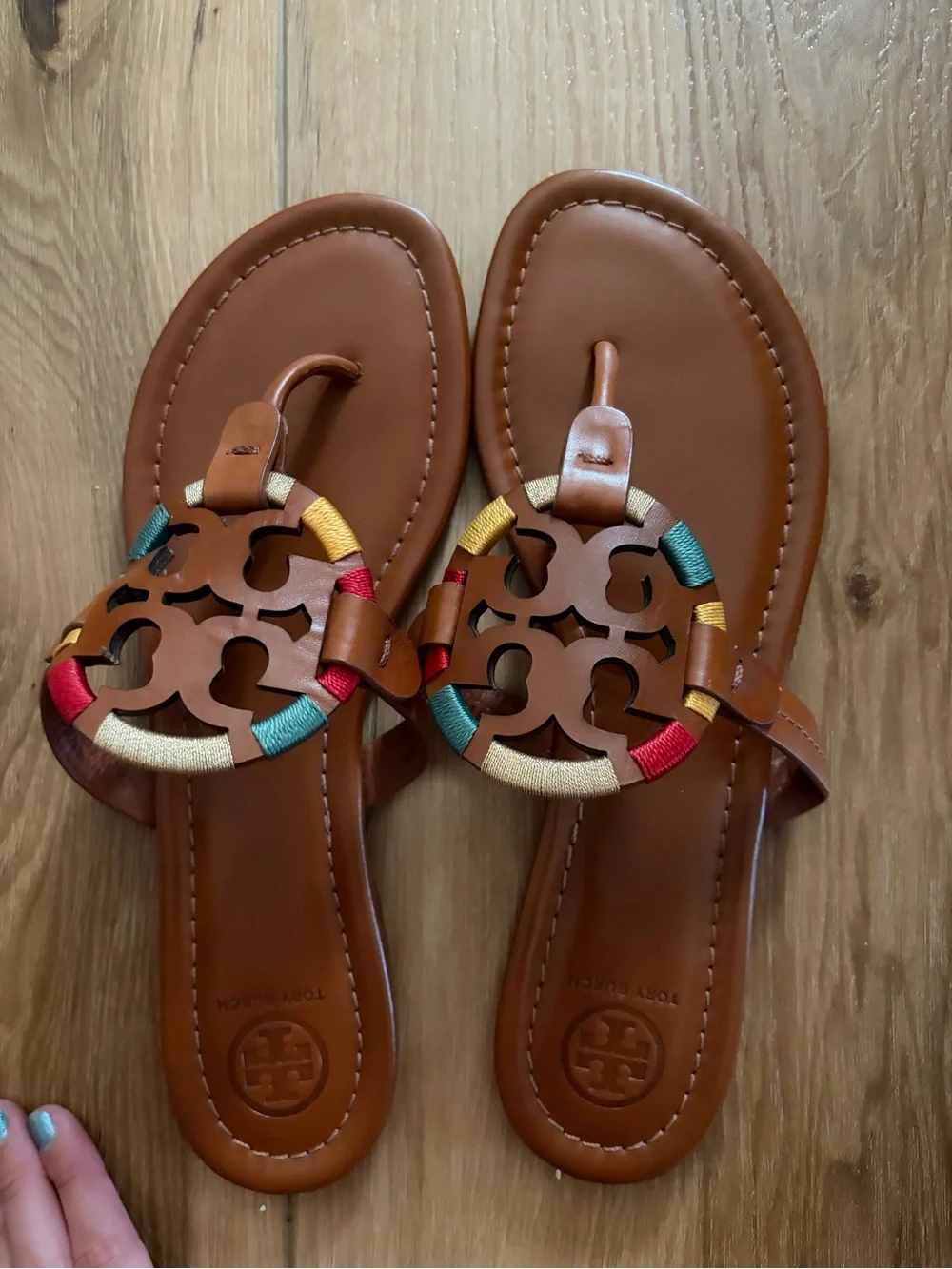 Tory Burch Brown Leather Sandals with Multicolor Embroidery